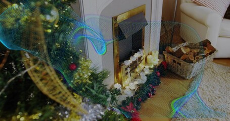 Fototapeta premium Displaying decorated tree left in living room, showing brass fireplace, candles, blue-green swirl