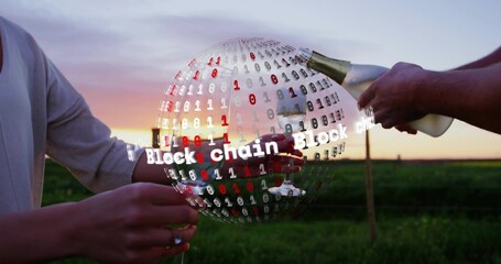 Naklejka premium Holding couple getting poured wine into wine glasses in grassy sunset field with Block chain globe