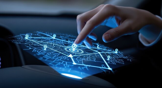 Close up of a hand selecting a destination from a holographic navigation system with routes