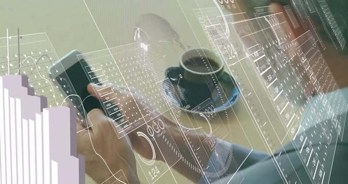 Male exec tapping phone at table sparking layered data panels over cup, phone while consulting data