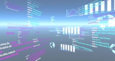 Floating holographic code panels receding toward horizon in VR room, showing globe icons and charts