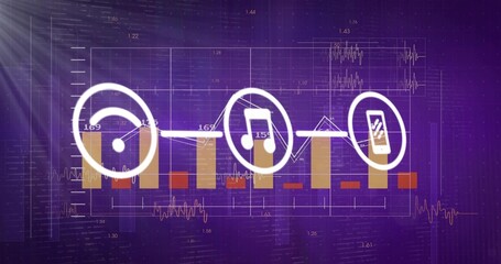 Connecting stylish trio of disc, musical note, phone icons on purple grid, showing audio data