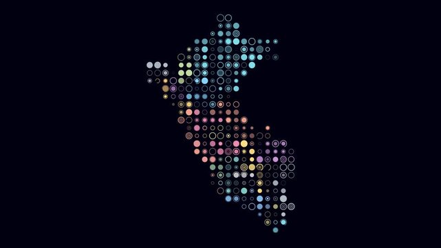 Peru animated country shape. Pulsating colored dots on the map of the country. Large size circle blocks. Digital style Peru map on dark background. Abstract animation video.