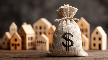 Money bag with dollar sign stands in front of wooden houses showing real estate growth and demand for homes in investment market