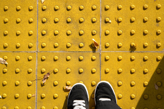 Yellow textured ground with fallen leaves, first-person perspective.