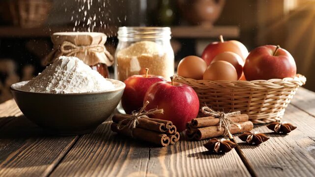 Delicious ingredients for baking apple pie on a rustic wooden table.