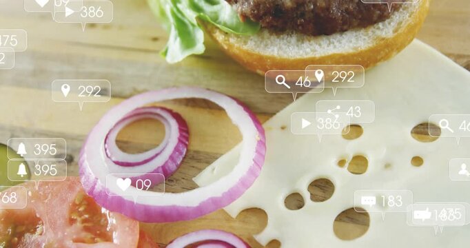 Frame two bubbles appearing from left, floating over burger toppings, showing social engagement