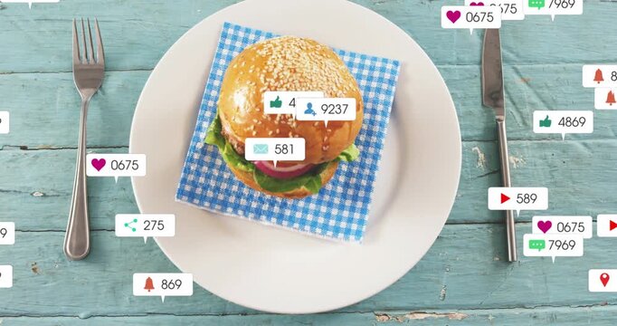 Sesame burger sitting, badges arriving from right, growing, clustering around plate for promo