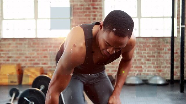 Man grabbing dumbbell, performing single-arm rows for fitness, animated rep counter guiding rest
