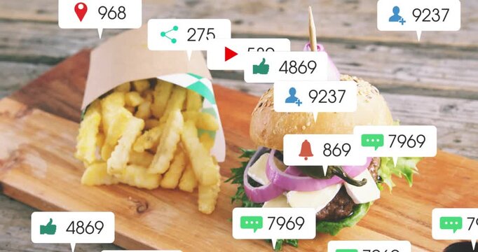 Notification bubbles appearing then clustering over burger and fries, then thinning to show buzz