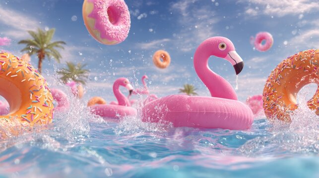 Bright blue pool with pink flamingo float and other inflatable toys on a sunny day
