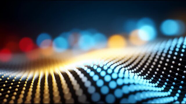 Abstract technology background machine learning visual data wave pattern with glowing digital grid surface colorful light dot depth field focus glow