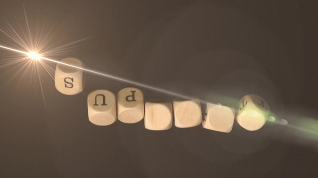 Wooden letter cubes tumbling after unseen release and lining up to spell SUPPORT under starburst