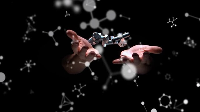 Cupped adult hands tilting and opening releasing bolts and nuts floating scattering showing lift
