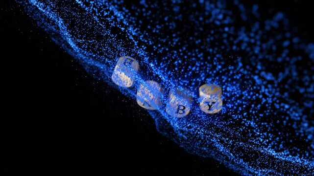 Entering from top while blue particle wave sweeping, four cubes tumbling, aligning, spelling BABY