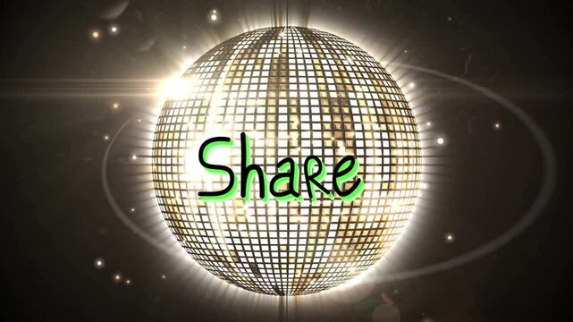 Magenta Share appearing gold sphere rotating word cycling colors arrows radiating out to show share