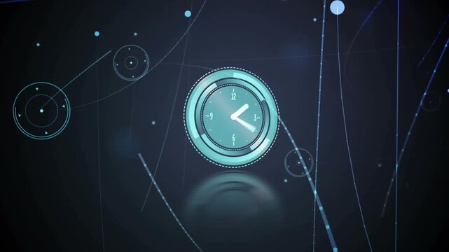 Turquoise clock emerging from center rings forming rotating clockwise UI flare rising drawing focus