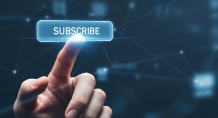 Close up of hand pressing a virtual subscribe button to build a loyal audience and customer base.