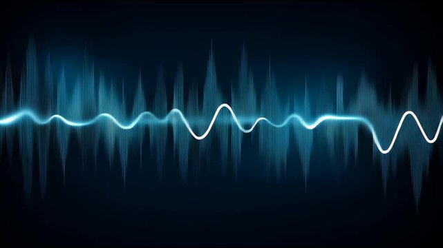 Blue sound wave line visual machine learning glow over dark background, audio frequency technology abstract blue energy machine learning visual audio