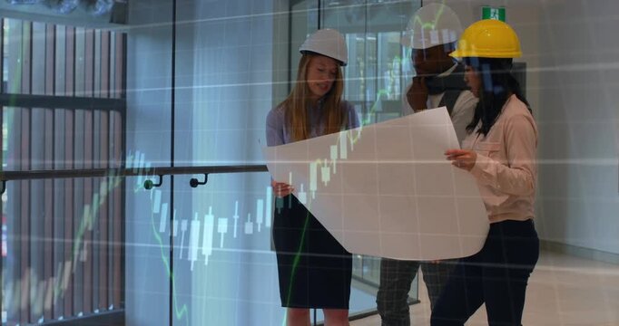 Team spreading blueprint at glass railing, showing finance chart over plan and assessing costs