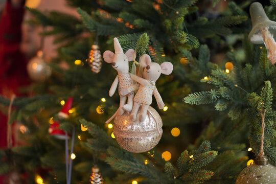 Cute Mouse Ornaments on Christmas Tree
