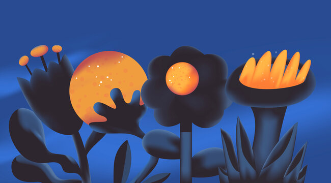 Dark flowers on blue night background
