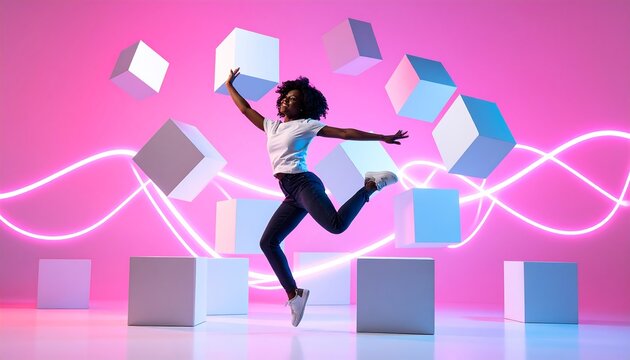 An energetic Black woman jumps amidst floating white cubes and glowing pink lines against a vibrant pink backdrop
