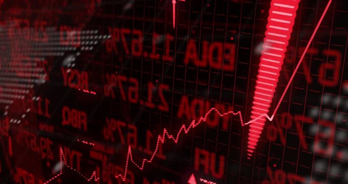 Financial dashboard on red line starting climb, arrows growing, text scrolling to show market surge