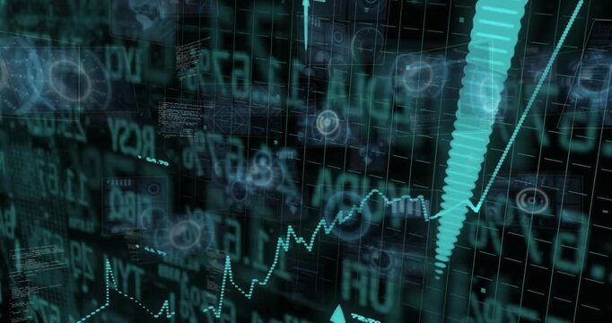 Camera shifting right, teal jagged line rising, arrows rising, panels adding, showing market gain