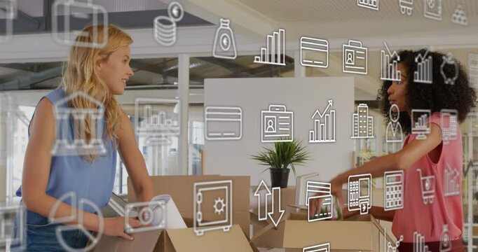 Two coworkers grabbing tape, packing boxes for shipping while commerce icons highlighting boxes