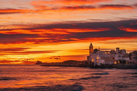 Sitges coastal town at sunset, Catalonia, Spain