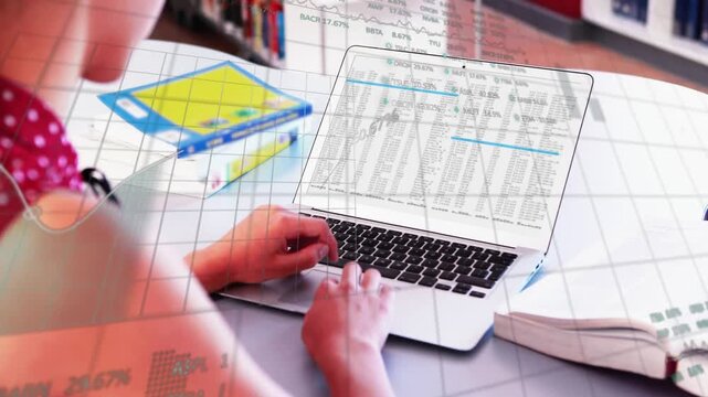 Student placing hands on keys and typing, animating charts over laptop spreadsheet while studying