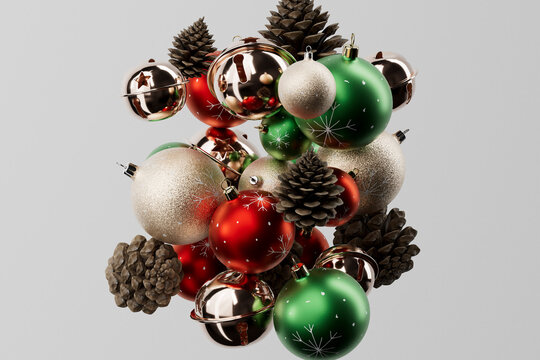 Christmas ornaments cluster with pinecones on light background