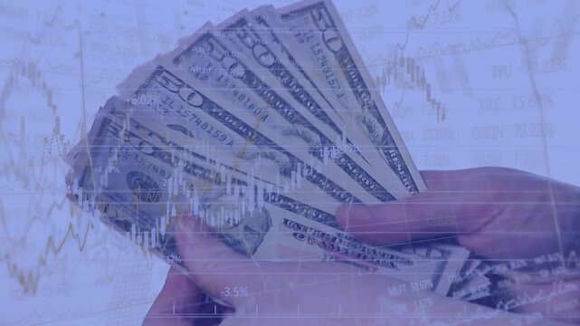 Opening wallet, hands extracting and fanning US bills while charts overlaying, visualizing trends