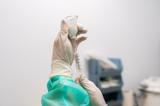 Veterinarian hands preparing medication syringe