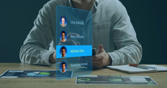 Man holding smartphone, swiping on desk, AR contact list scrolling and selecting Mary Murphy