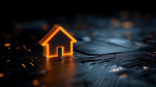 Glowing House Icon on a Circuit Board - Smart Home Concept.