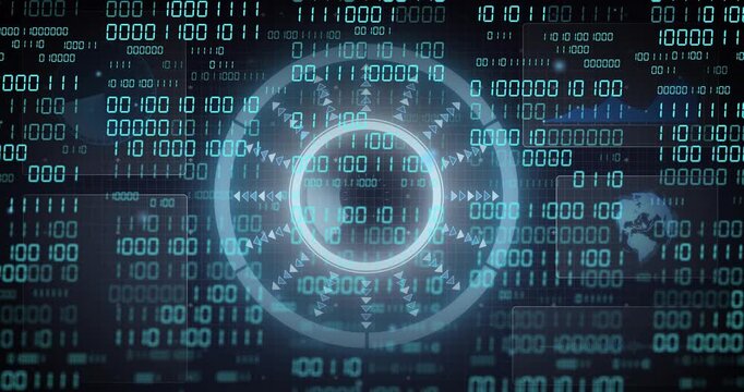 Glowing HUD appearing over teal binary grid, iris rotating, arrows pulsing, showing monitoring data