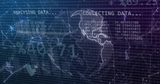 Wireframe globe rotating, pie slices assembling, activating data panels and analysing for insights