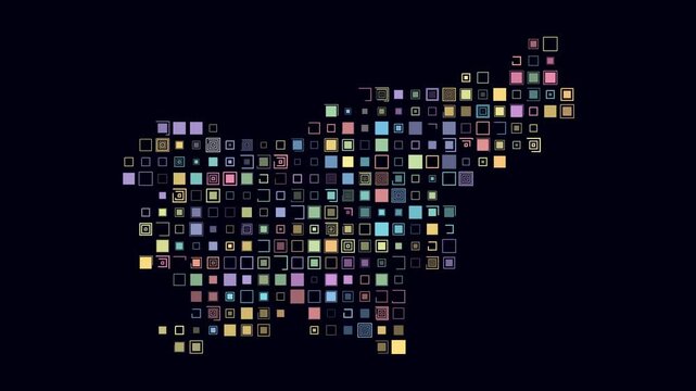 Slovenia animated country shape. Pulsating colored dots on the map of the country. Large size square blocks. Digital style Slovenia map on dark background. Classy animation video.