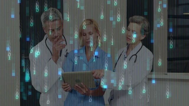 Nurse holding tablet, doctors pointing and starting review of medical data amid binary overlay