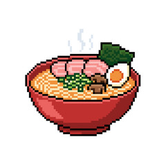 A pixel art illustration of a steaming bowl of ramen noodles with pork, egg, and seaweed.