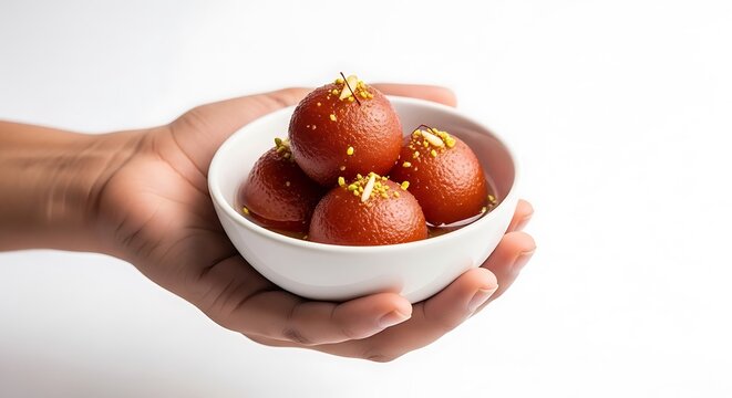 Hand holding Indian gulab jamun in a bowl
