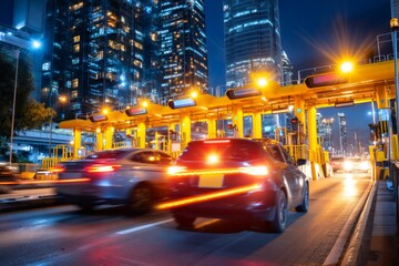 Fototapeta premium High-Speed Toll Gate Opening with Light Trails from Vehicles at Night in a City Setting