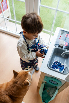 Toddler boy playing chef with toy kitchen and dog
