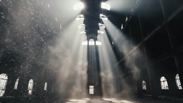 Eerie abandoned hall with dust motes dancing in shafts of light from windows