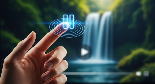 Close up of a hand pressing a virtual pause button stopping a video playback instantly