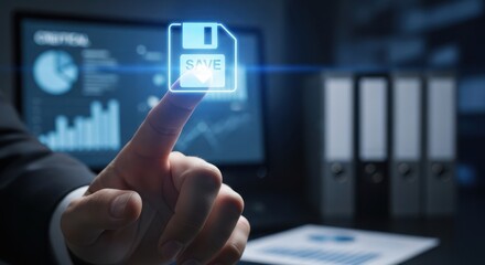 Finger pressing a virtual save icon to backup critical data and preserve important business records.