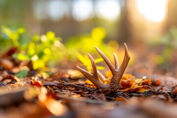 Naturally Shed Deer Antler Half Buried in Leaf Litter During a Peaceful Resting Moment