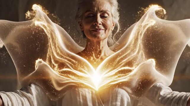 Smiling Elderly Woman Releasing Glowing Golden Energy From Heart With Flowing Light Creating Spiritual Healing Scene of Joy and Inner Peace